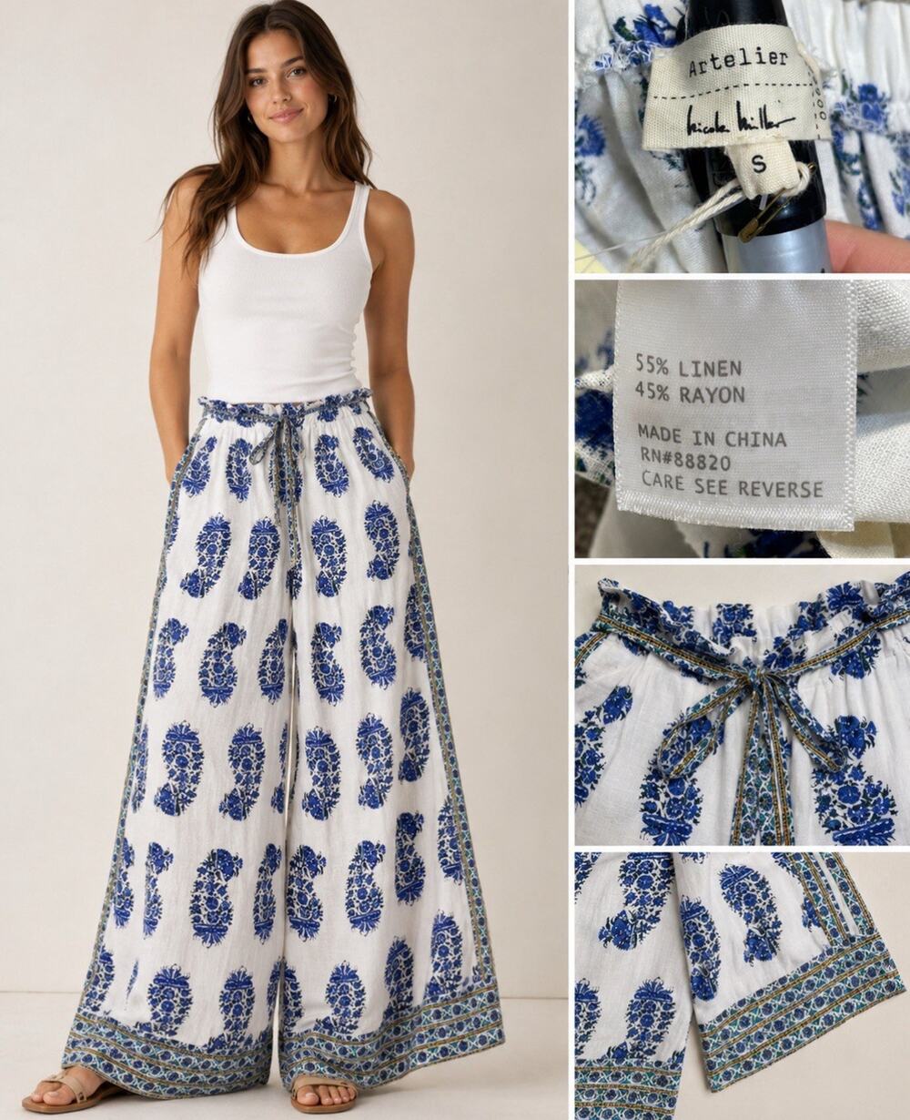 NWT Boho Artelier Nicole Miller Wide Leg Palazzo Pants Size S Blue Paisley